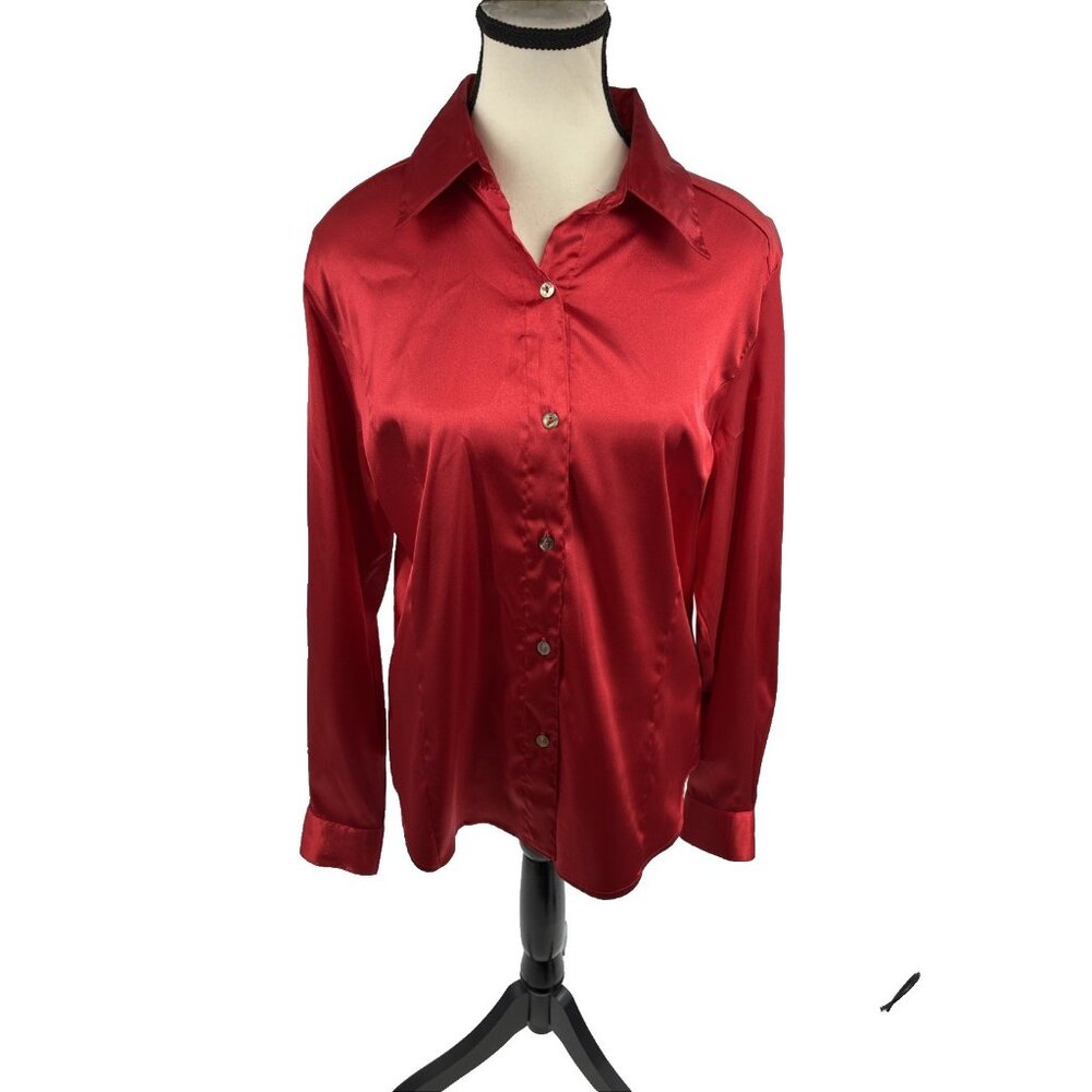 Christie & Jill Womens Button Front Blouse Red Satin Stretch Career Size 8